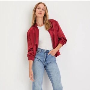 Brand New Lulu’s Trendy Presence Wine Red Satin Bomber Jacket